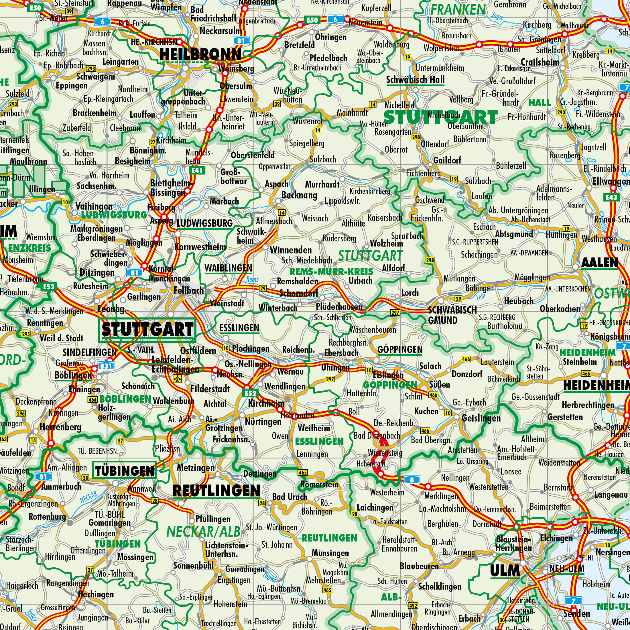 Detailansicht der Verwaltungskarte von Süddeutschland