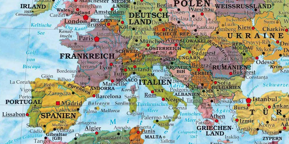 Detailansicht der physischen und politischen Weltkarte