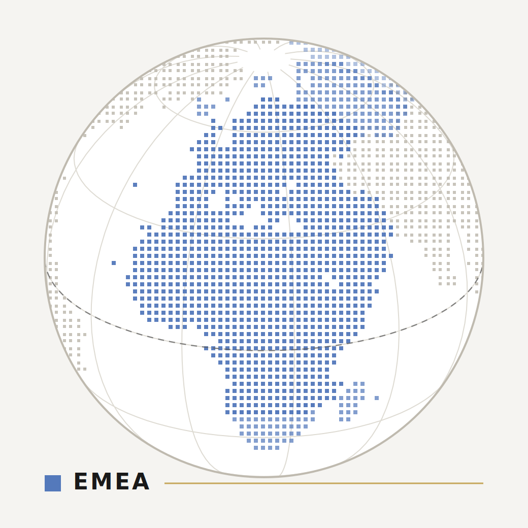 Globus mit hervorgehobener Wirtschaftsregion EMEA: Europa, Naher Osten und Afrika