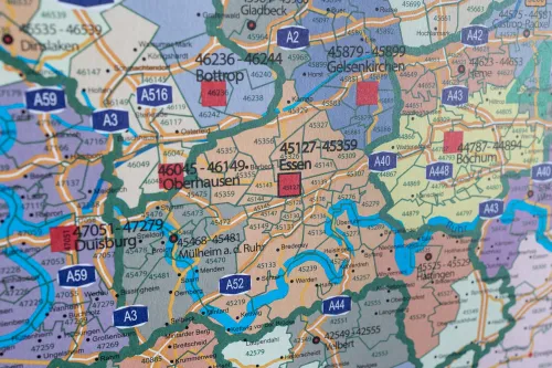 Postleitzahlenkarte in der Region Ruhrgebiet als Detailausschnitt