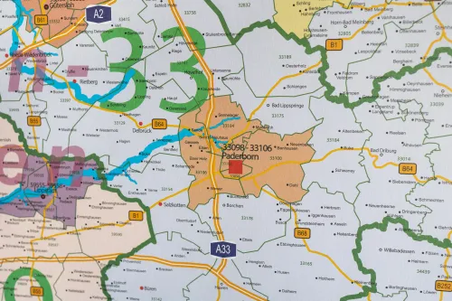 Postleitzahlenausschnitt aus der Region Paderborn