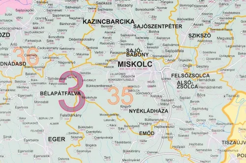 Detailansicht der Postleitzahlenkarte von Ungarn
