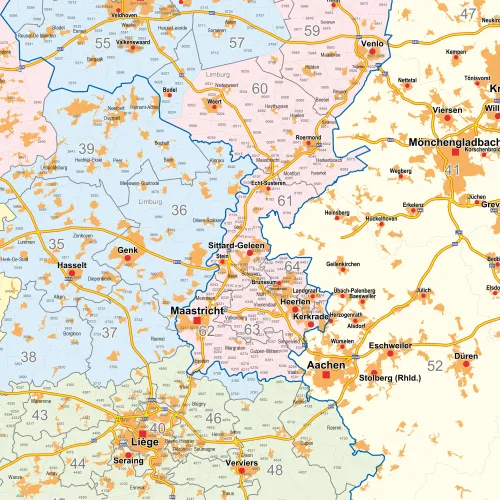 Detailansicht der Postleitzahlenkarte BeNeLux