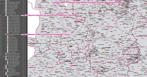 Detailausschnitt der PLZ-Karte Deutschlands.