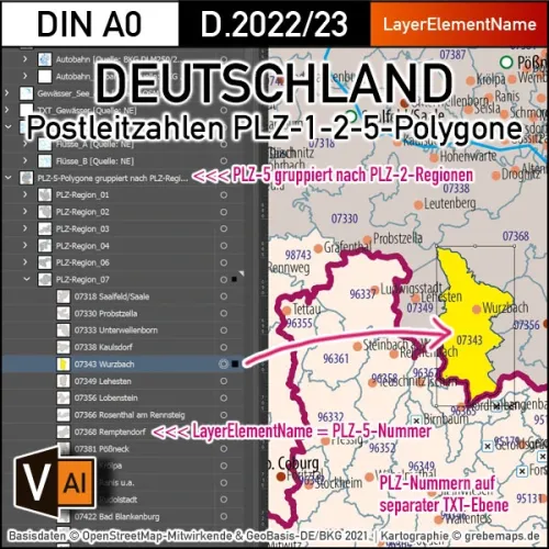 Detailausschnitt der PLZ-Karte Deutschlands.