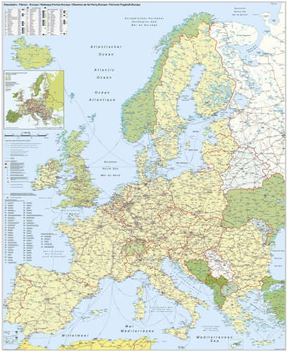 Europakarte mit dem Schwerpunkt auf Eisenbahn- und Fährverbindungen