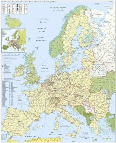 Europakarte mit dem Schwerpunkt auf Eisenbahn- und Fährverbindungen