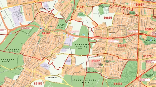 München Stadtplan mit Postleitzahlen im Detail