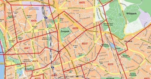 Detailansicht der Postleitzahlenkarte Düsseldorf