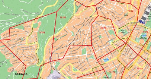 Preview: Weitere Detailansicht der Postleitzahlenkarte von Stuttgart
