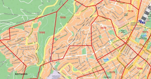 Weitere Detailansicht der Postleitzahlenkarte von Stuttgart
