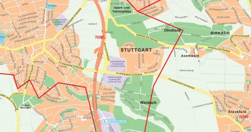 Detailansicht der Postleitzahlenkarte von Stuttgart