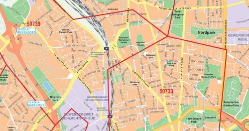 Preview: Detailansicht des Stadtplans von Köln mit Postleitzahlen