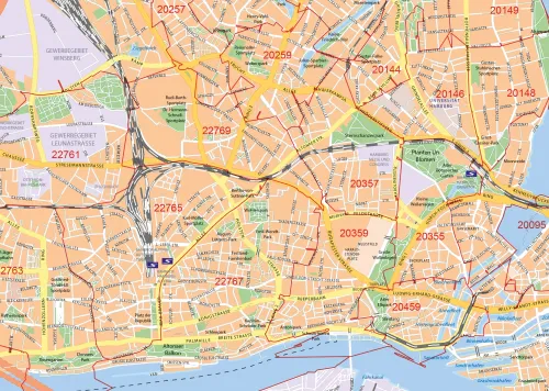 Detailansicht der Postleitzahlenkarte von Hamburg