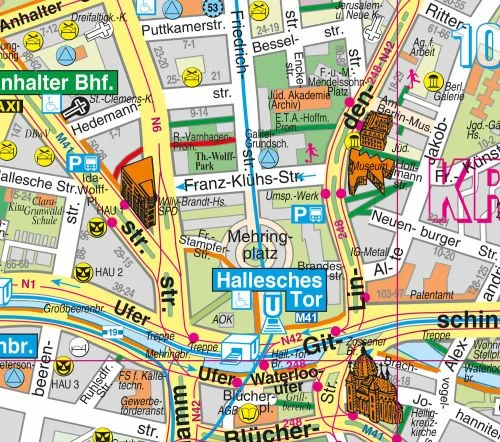 Detailansicht des Bezirks Friedrichshain-Kreuzberg als Stadplan