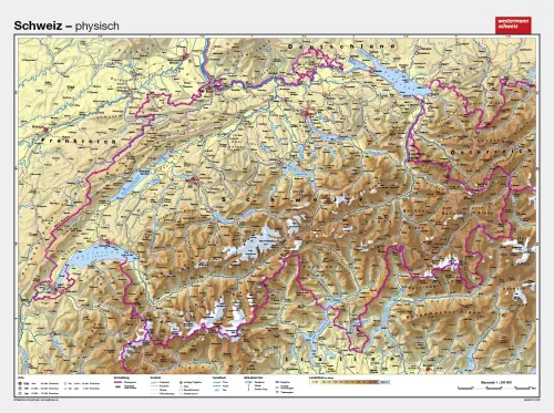 Physische Landkarte von der Schweiz als Schulwandkarte