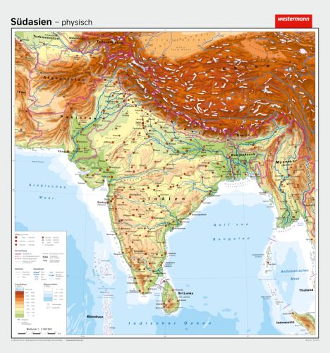 Physische Schulwandkarte von Südasien