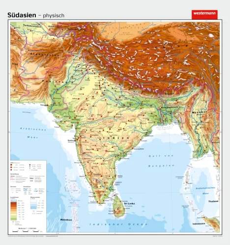 Physische Schulwandkarte von Südasien