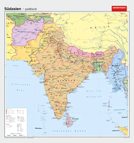 Politische Schulwandkarte von Südasien