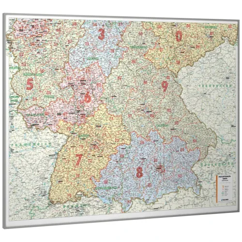 Die Postleitzahlenkarte Süddeutschland (131x98cm) mit Rahmen