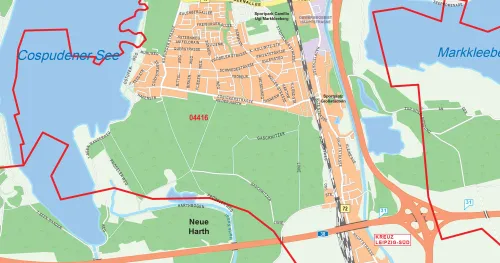 Weitere Detailansicht der Straßenkarte mit Postleitzahlen von Leipzig