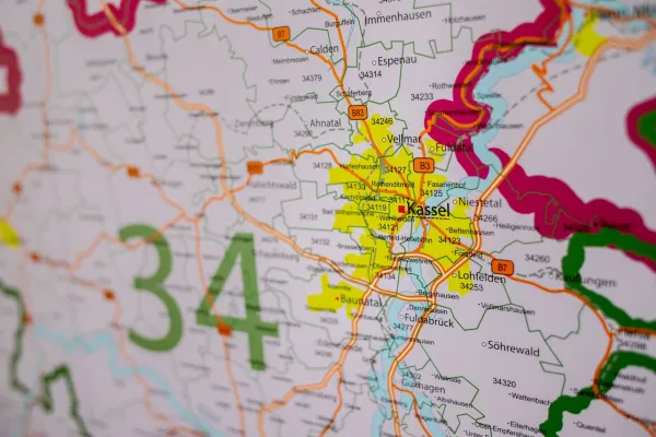 Detailansicht der Postleitzahlenkarte Hessen