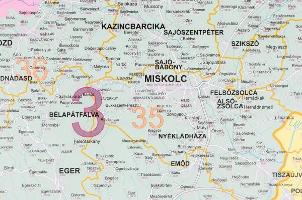 Detailansicht der Postleitzahlenkarte von Ungarn