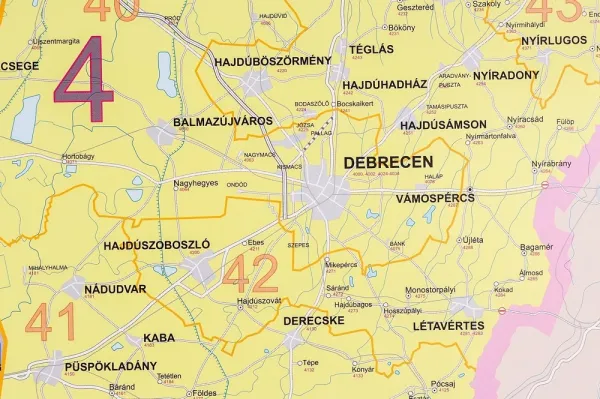 Weiterer Ausschnitt der Postleitzahlenkarte von Ungarn