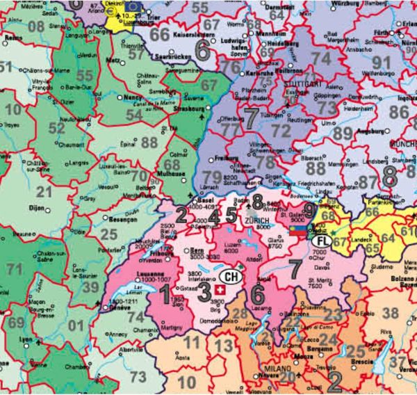 Postleitzahlenkarte von Europa im Detail