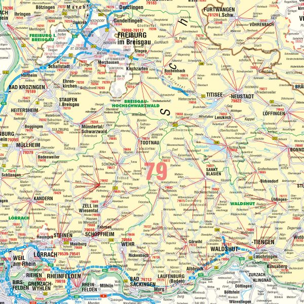 Detailansicht der Postleitzahlenkarte Baden-Würrtemberg