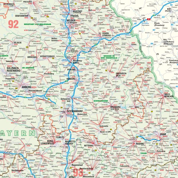 Detailausschnitt aus der Postleitzahlenkarte Bayern