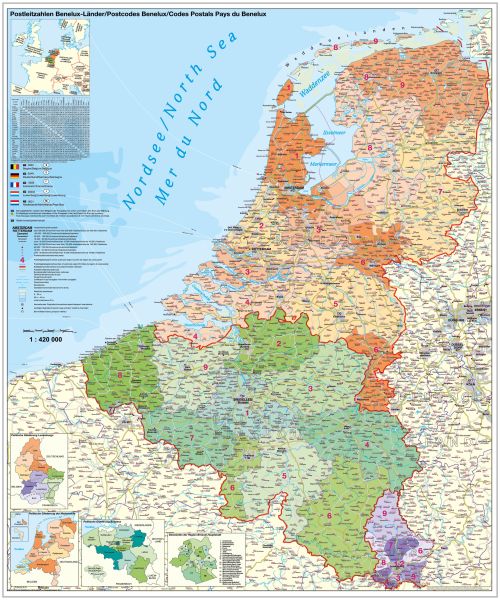 Belgien, Niederlande und Luxemburg als Postleitzahlenkarte