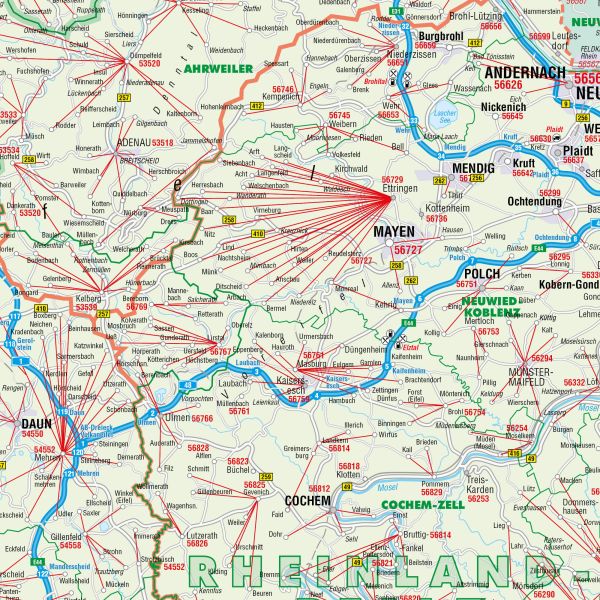 Ausschnitt der Postleitzahlenkarte Rheinland-Pfalz und Saarland