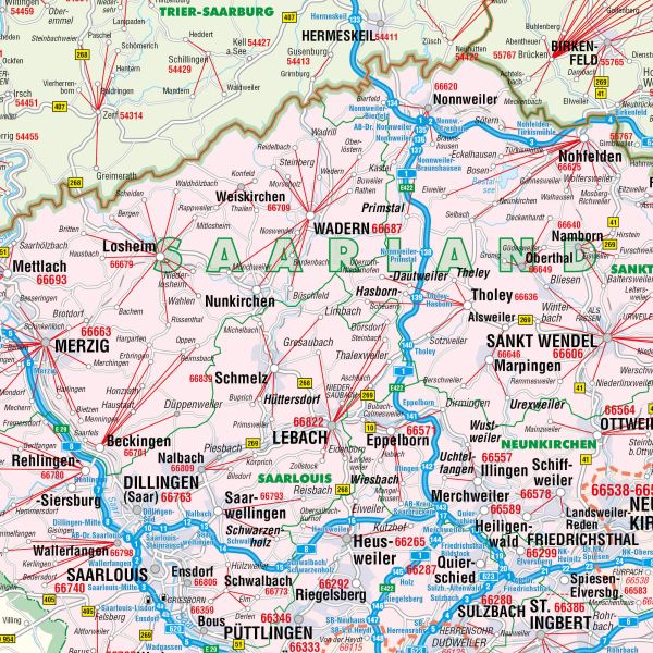 Detailansicht der Postleitzahlenkarte vom Saarland und Rheinland-Pfalz