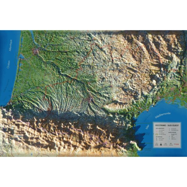 Die Reliefkarte von der Region Occitanie - Süd-West.