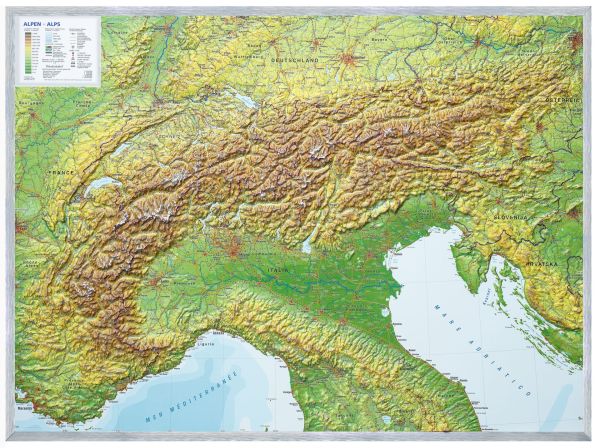 Die Reliefkarte Alpen Aluminium Rahmen 77x57cm