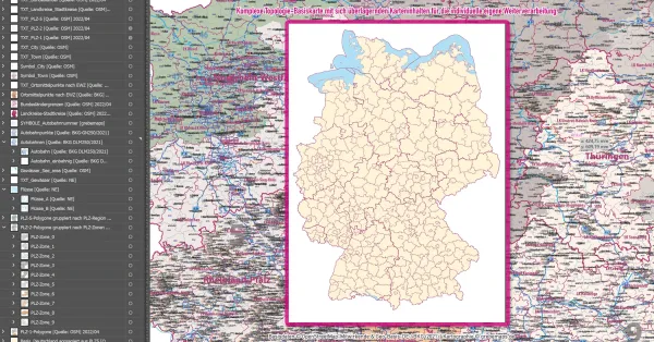 Zweifarbiger Landesumriss Deutschlands mit Einzeichnung der einzelnen Bundesländer.