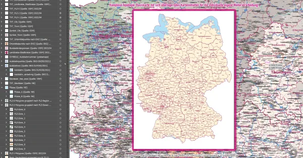 Zweifarbiger Landesumriss Deutschlands mit Einzeichnung der einzelnen Bundesländer.