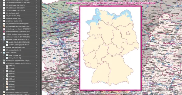 Zweifarbiger Landesumriss Deutschlands mit Einzeichnung der einzelnen Bundesländer.
