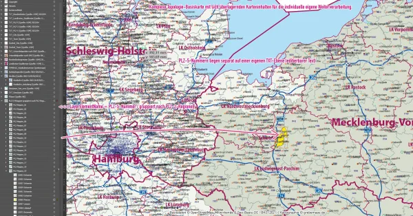 Detailausschnitt der PLZ-Karte Deutschlands.