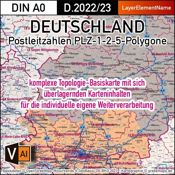 Detailausschnitt der PLZ-Karte Deutschlands.