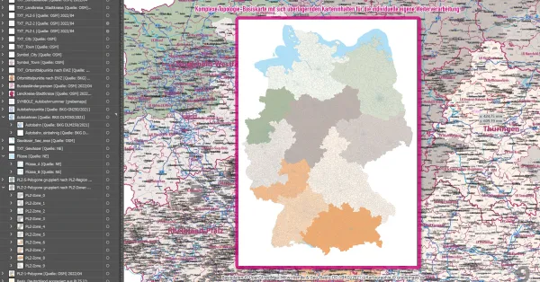 Landesumriss von Deutschland mit farbiger Kennzeichnung der einzelnen Bundesländer.