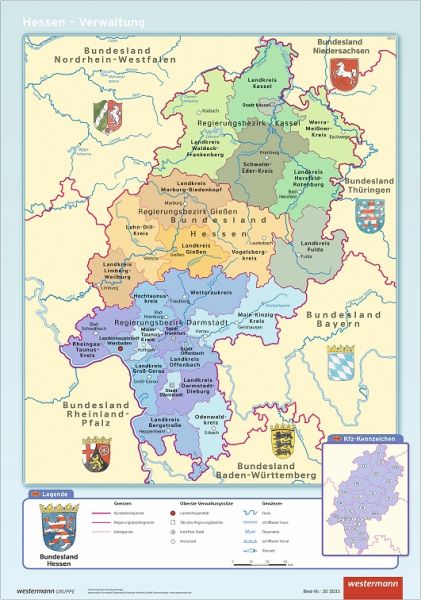 Schulwandkarte von Hessen mit einem politischem Kartenbild