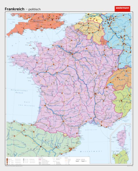 Politische Landkarte von Frankreich als Schulkarte
