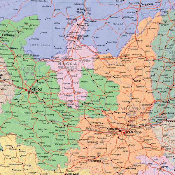Detailansicht der politischen Landkarte von China