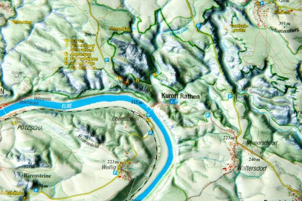 Detaliansicht der Elbe auf der Reliefkarte