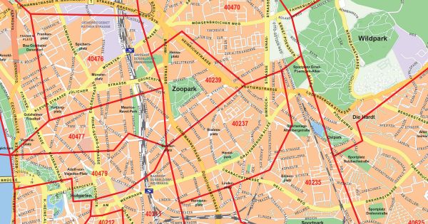 Detailansicht der Postleitzahlenkarte Düsseldorf