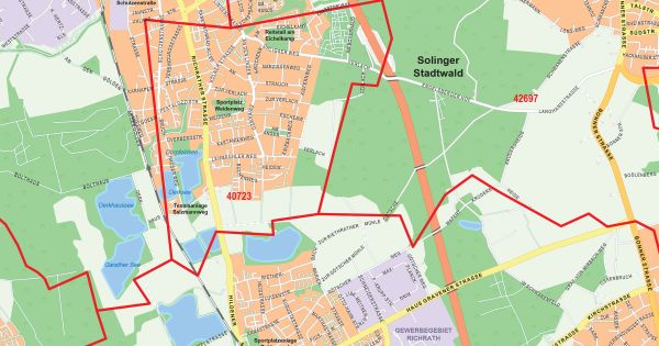 Postleitzahlenkarte von Düsseldorf im Detail