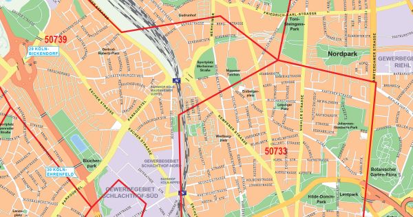 Detailansicht des Stadtplans von Köln mit Postleitzahlen