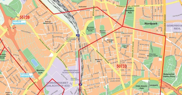 Detailansicht des Stadtplans von Köln mit Postleitzahlen
